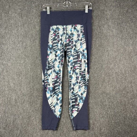Athleta Women's Size M Distortion Salutation 7/8 Tights Navy Multi Printed EUC - Picture 1 of 8